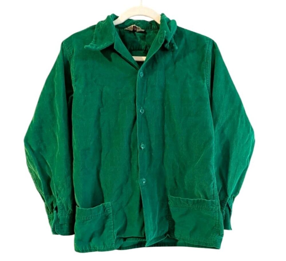 Vintage Penney's Loop Collar Corduroy Shirt Green Chore Workwear 1950s 18 H